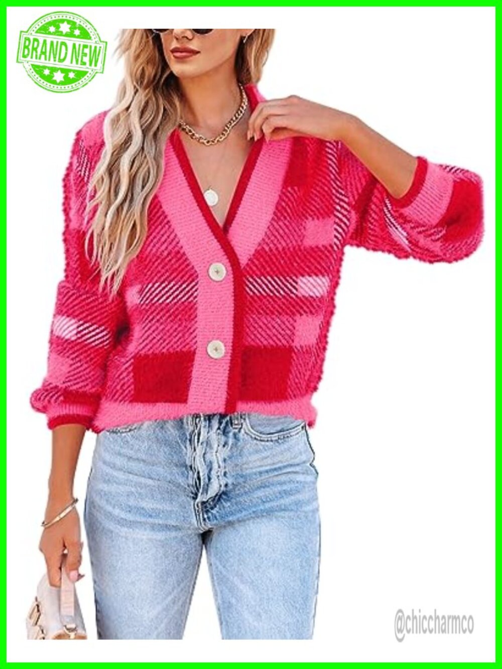 Fuzzy Knit Plaid V Neck Button Down Long Sleeve Cardigan